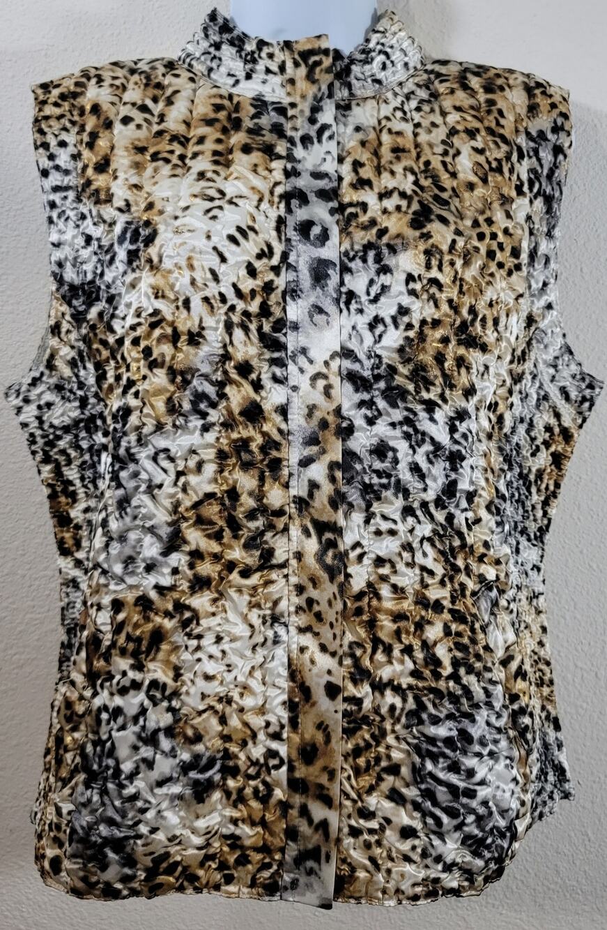 Ruby Rd. Gold White Black Animal Print Puffy Vest Large Sleeveless Full Zip Soft
